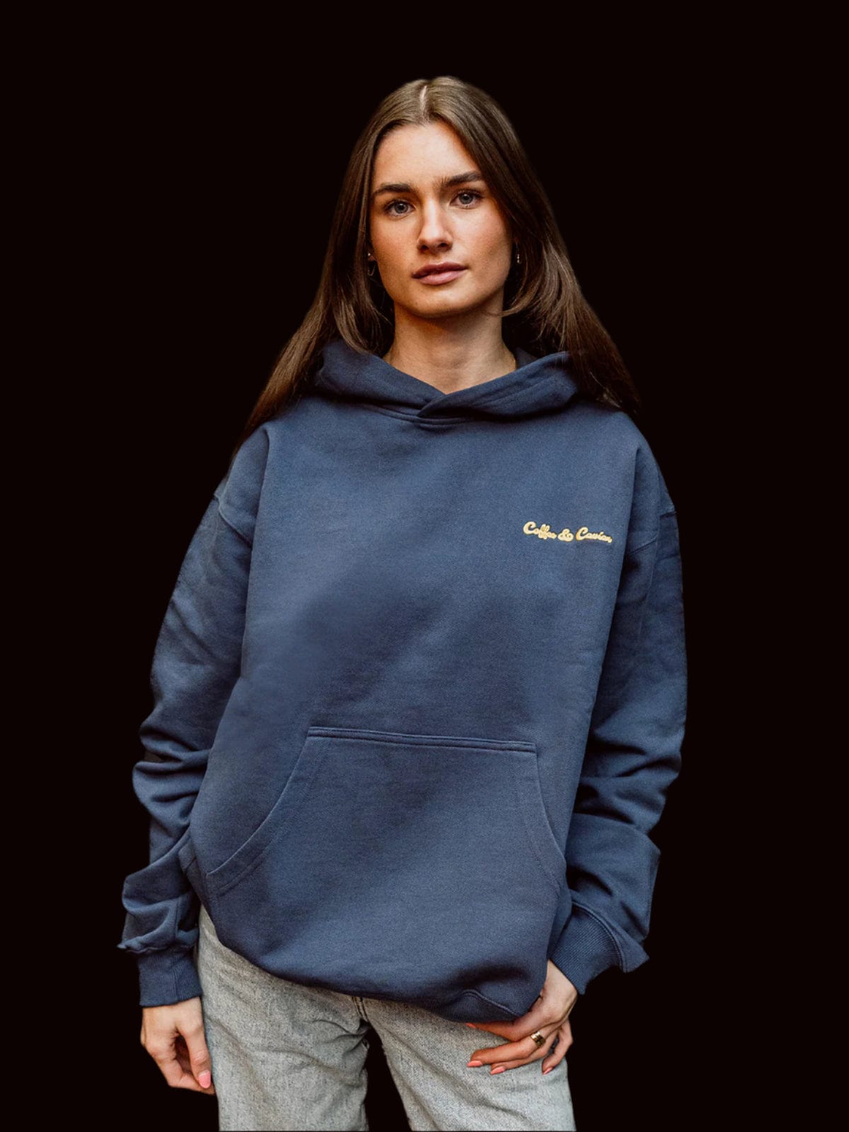 Coffee & Caviar Embroidered Logo Hoody model girl front