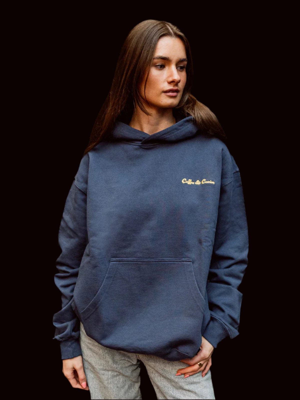 Coffee & Caviar Embroidered Logo Hoody blue model girl side