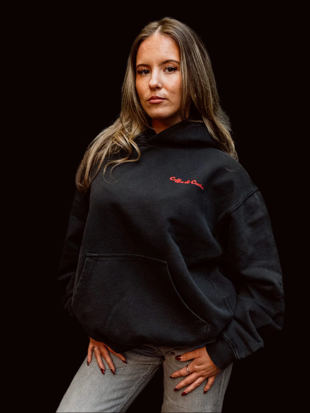 Coffee & Caviar Embroidered Logo Hoody black model girl front