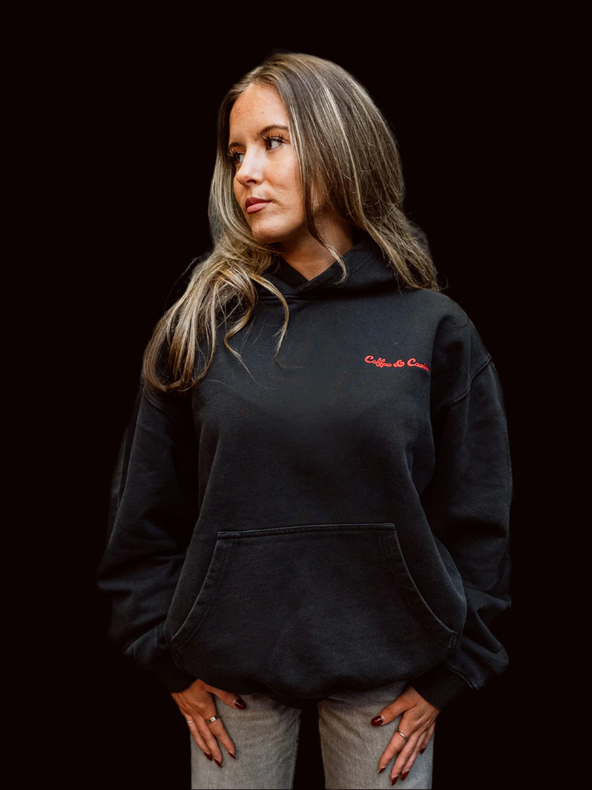 Coffee & Caviar Embroidered Logo Hoody black model girl side