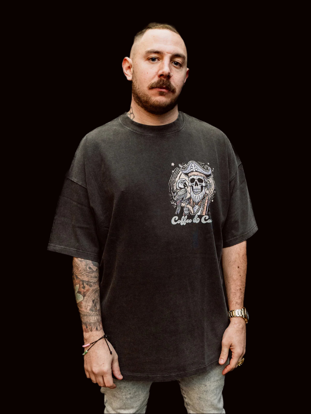Skeleton Pirate Oversized Crew Neck T-Shirt front