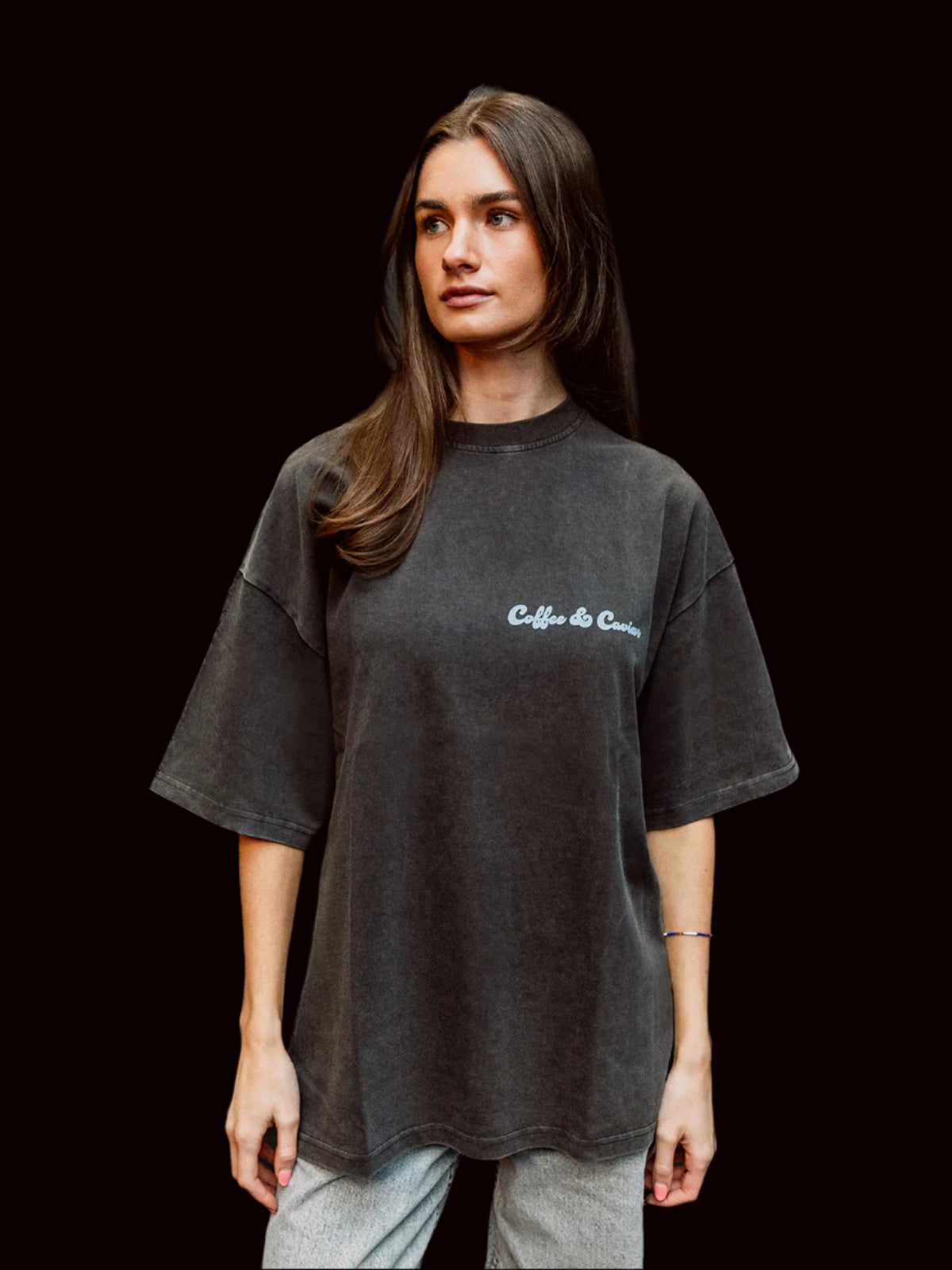 Gold Buddha Print Oversized Crew neck T-Shirt model side