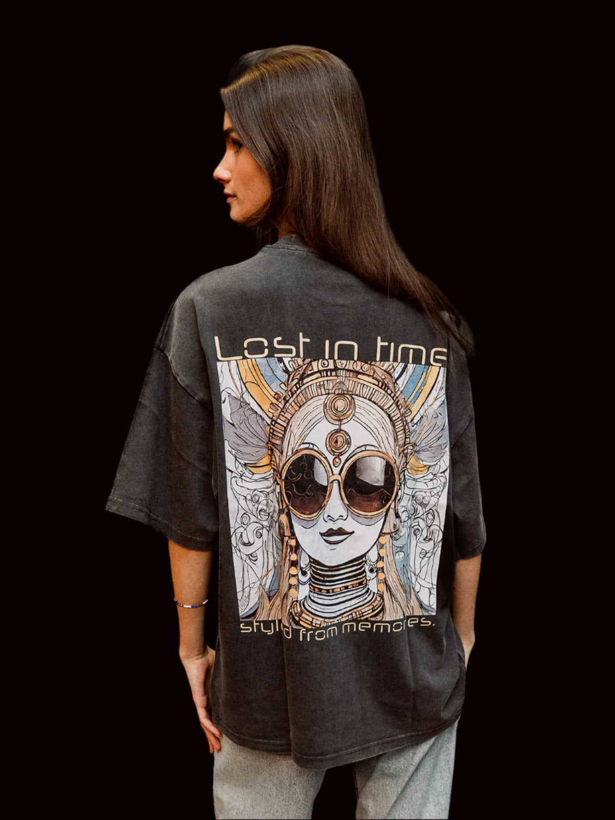 Gold Buddha Print Oversized Crew neck T-Shirt model back