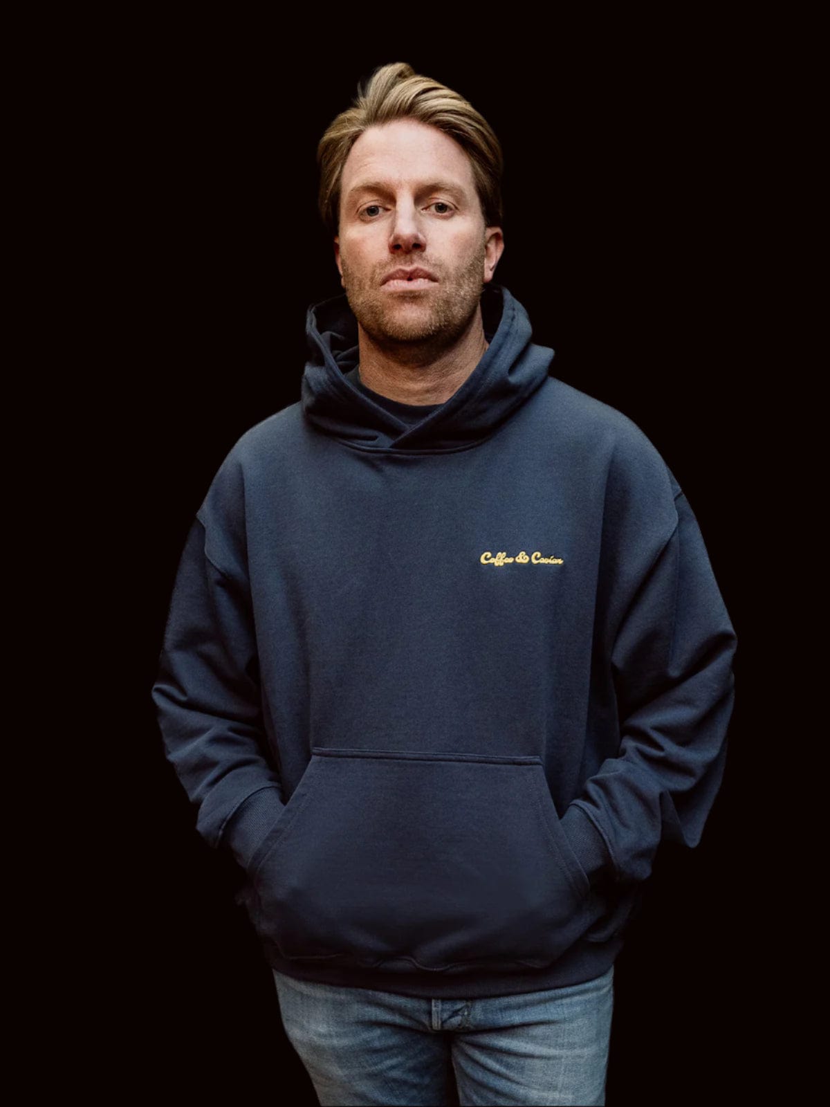 Coffee & Caviar Embroidered Logo Hoody blue model man front
