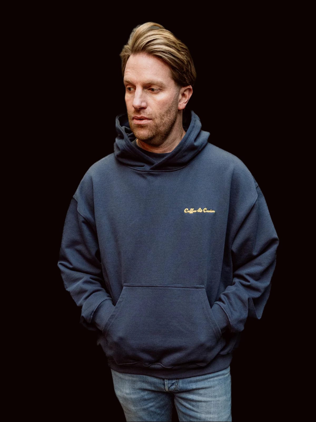 Coffee & Caviar Embroidered Logo Hoody blue model man side