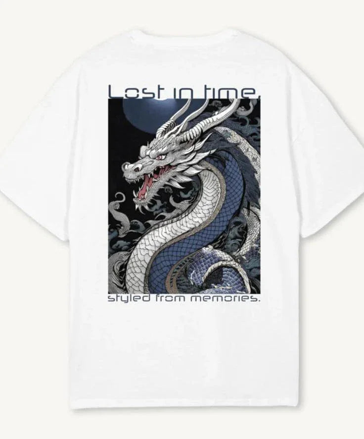 Blue Dragon Back Print Oversized Crew Neck T-Shirt Back