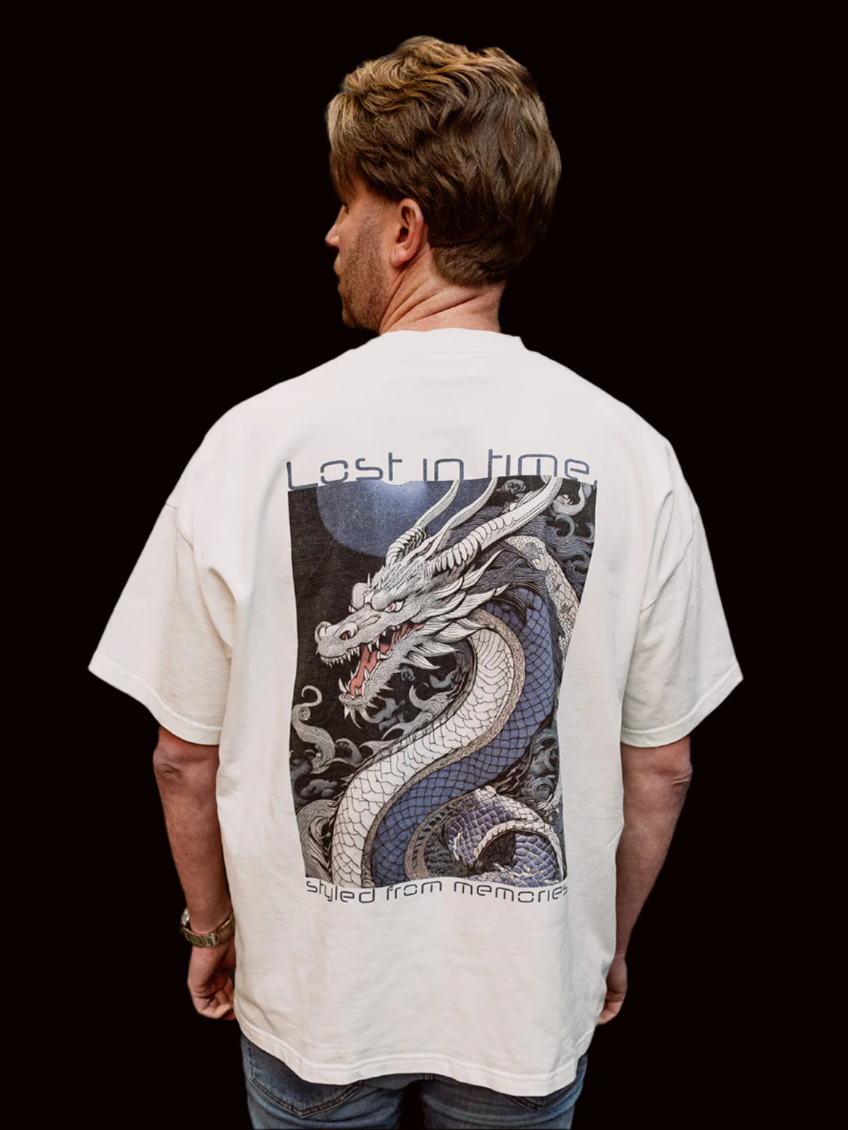 Blue Dragon Back Print Oversized Crew Neck T-Shirt back