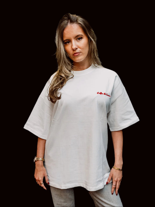 Coffee & Caviar Embroidered Red Logo Oversized Crew Neck T-Shirt front