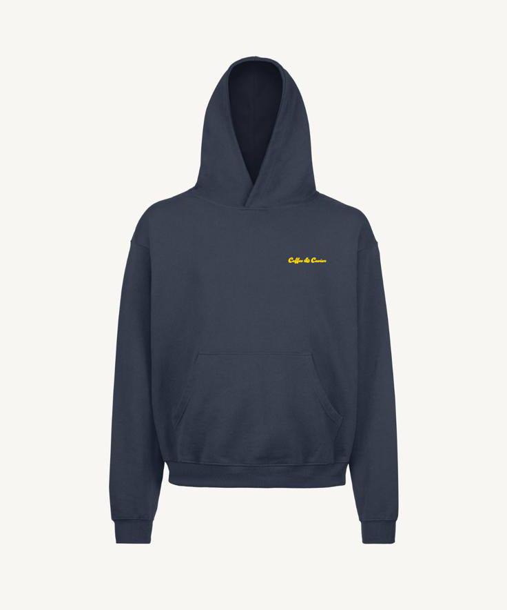 Coffee & Caviar Embroidered Logo Hoody Navy Blue Front