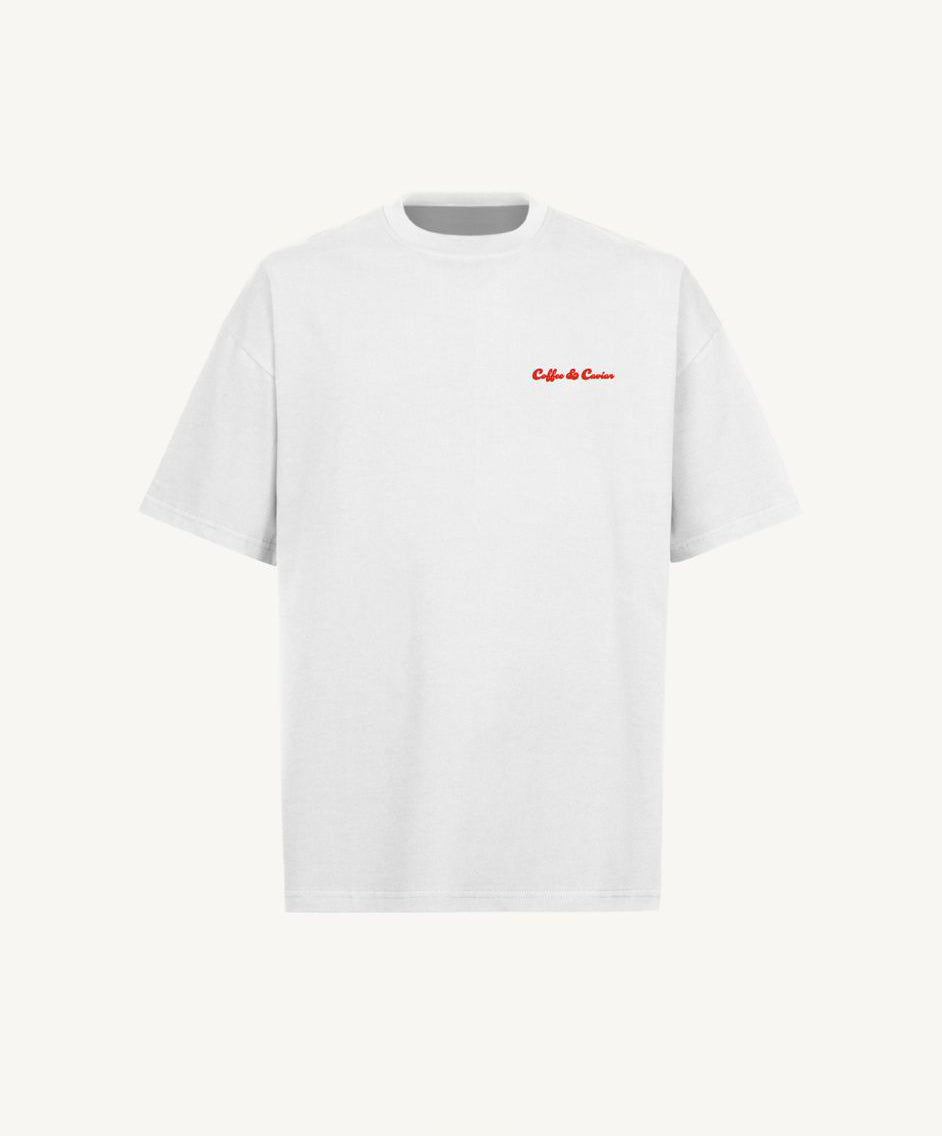 Coffee & Caviar Embroidered Red Logo Oversized Crew Neck T-Shirt